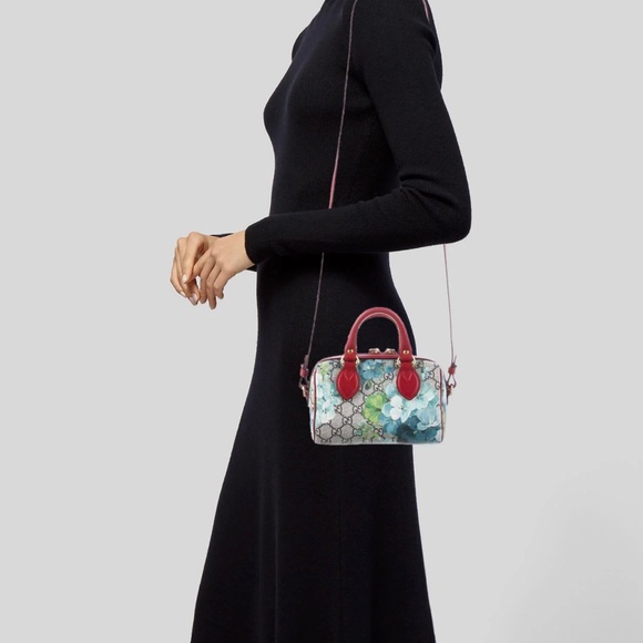 GUCCI GG Supreme Monogram Blooms Mini Boston Navy Blue Hibiscus - Picture 7 of 16